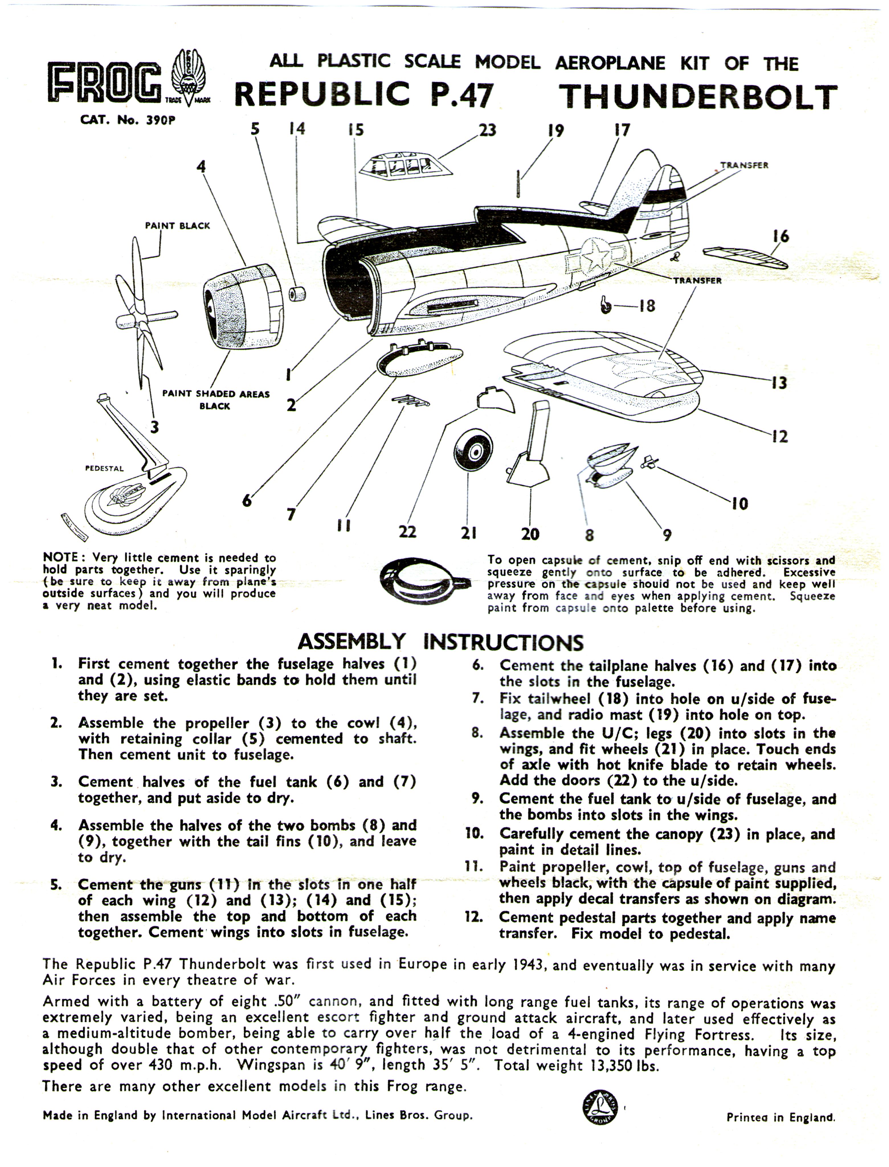 Инструкция FROG 390P Thunderbolt P-47 Fighter bomber, IMA 1959
